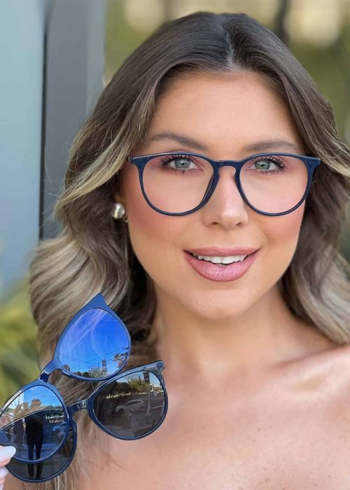 oticagriss oculos 3 em 1 clip on feminino redondo azul 383