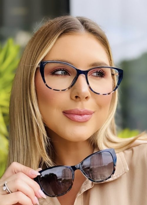 oticagriss oculos feminino 2 em 1 clip on gatinho azul 417