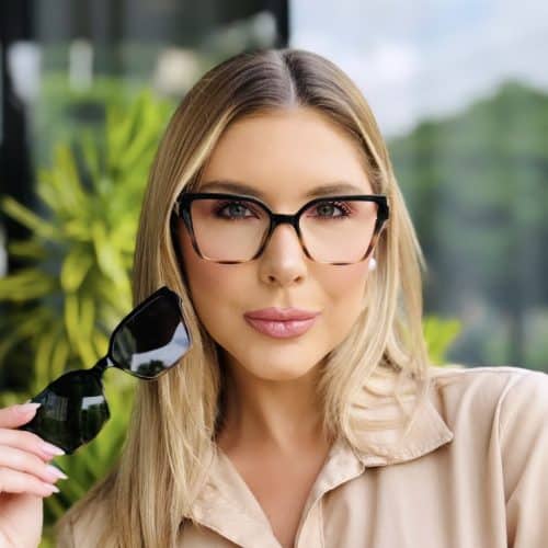 oticagriss oculos feminino 2 em 1 clip on gatinho preto e rajado 414